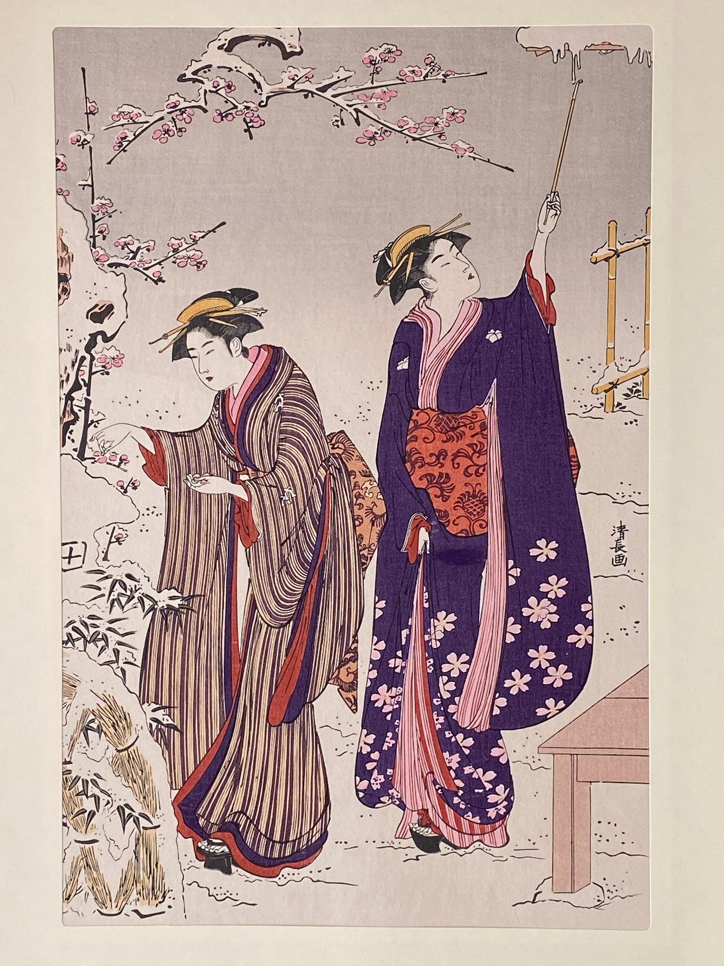 Japanese Ukiyoe, woodcut print, Torii Kiyonaga, "Viewing a snow covered garden"