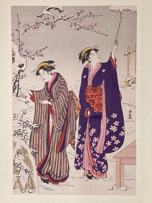 Japanese Ukiyoe, woodcut print, Torii Kiyonaga, "Viewing a snow covered garden"