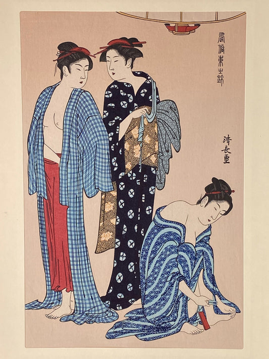 Japanese Ukiyoe, woodcut print, Torii Kiyonaga, "Cutting the Toenails"