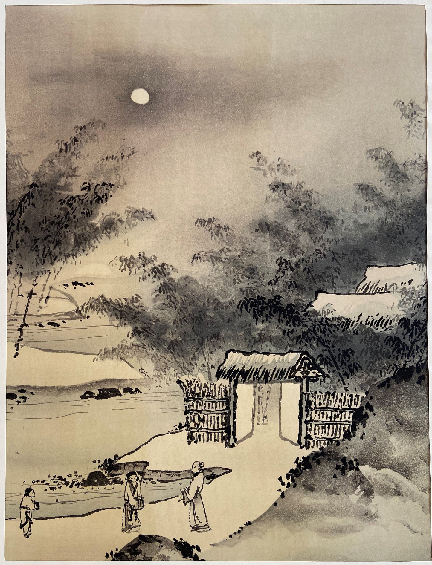 Japanese ink painting, woodcut print, Large size, Josetsu, Moon over a brush gate (Saimon-Shingetsu-zu).