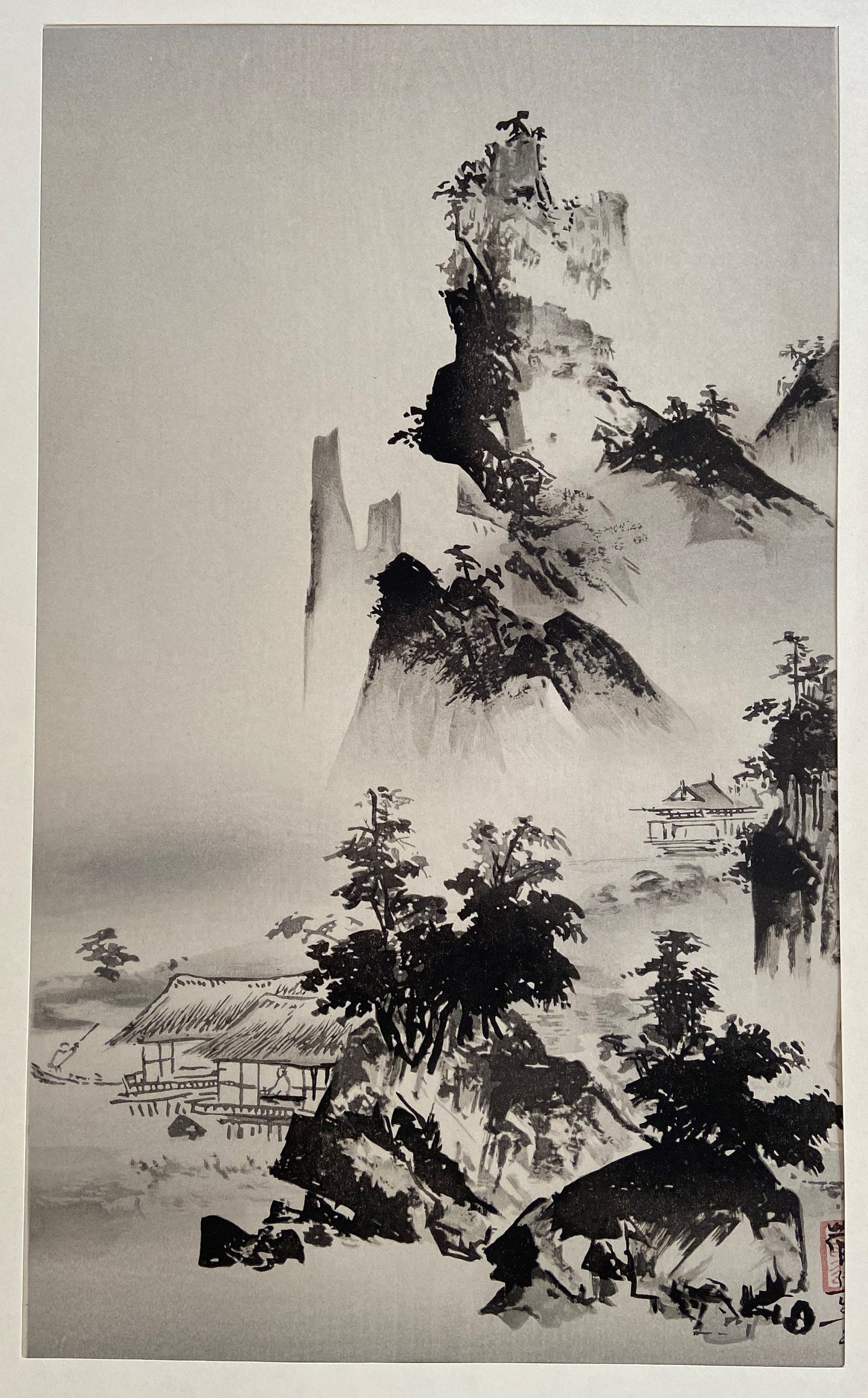 Japanese ink painting, woodcut print, Large size, Gakuo, Sanzui-zu.