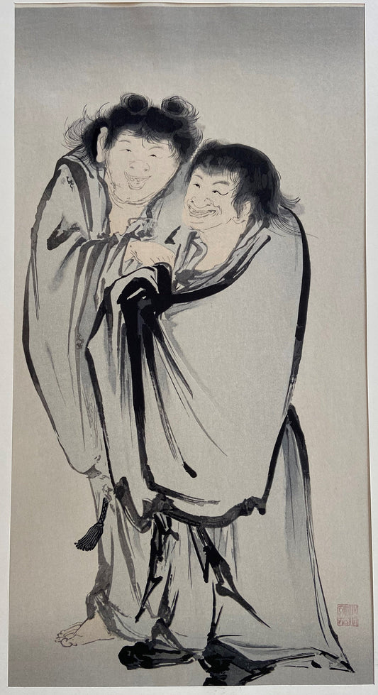 Japanese ink painting, woodcut print, Large size, Shokei, Kanzan and Jittoku