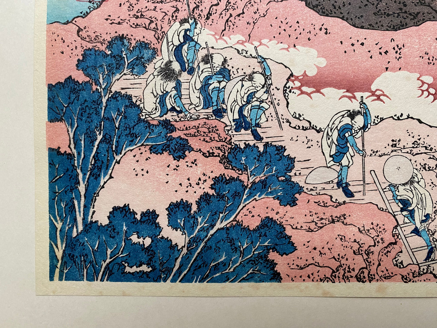 Japanese Ukiyo-e Woodblock print, Hokusai, "People climbing Mt. Fuji"