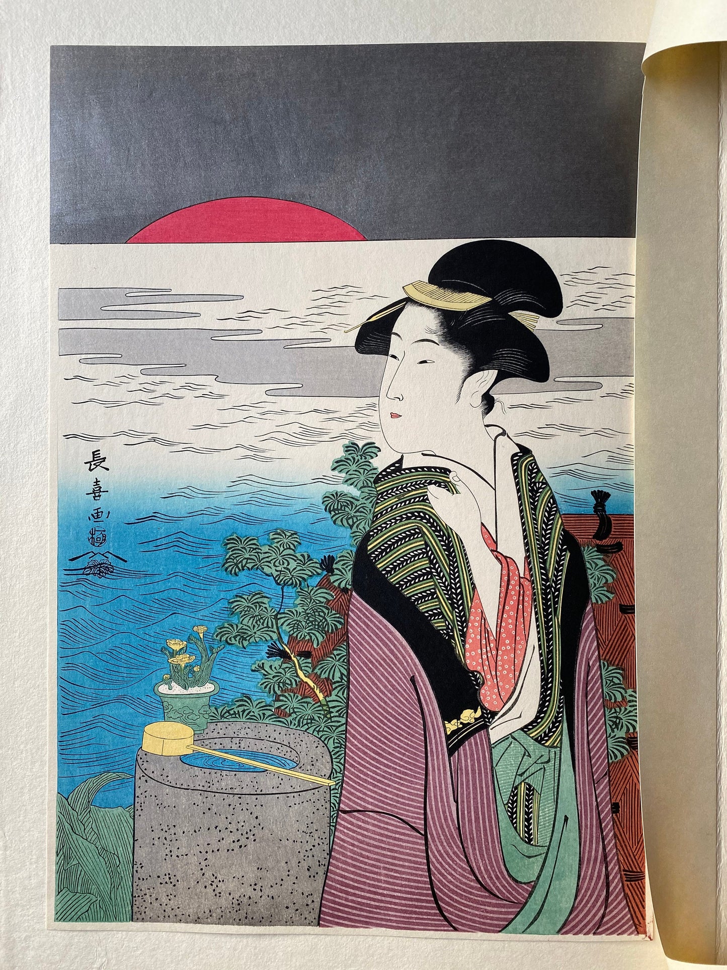 Japanese Ukiyo-e Woodblock print, Eishōsai Chōki, "Sunrise at New Year"