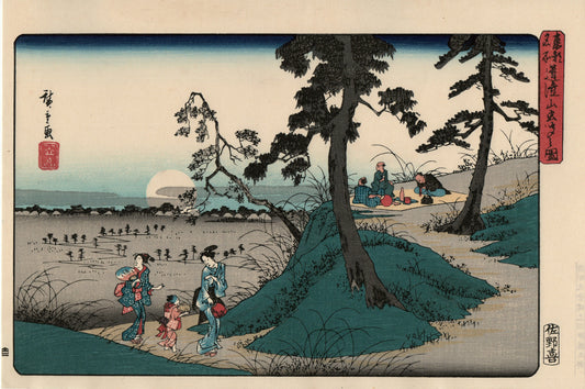 Japanese Ukiyoe, woodcut print, Hiroshige, "Listening to Crickets at Dôkan Hill (Dôkan-yama mushi-kiki no zu)".