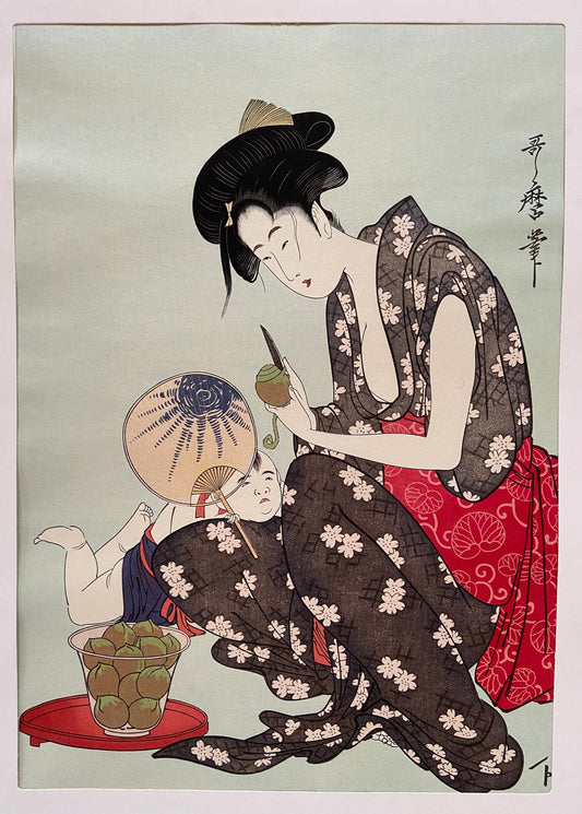 Japanese Ukiyoe, woodcut print, Extra Large size, Utamaro, "Mother Peeling Fruit While Child Watches"