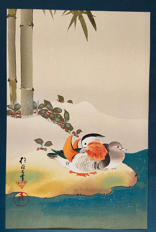 Japanese woodblock print, Large size, Japanese antique woodblock print, Sakai Hoitsu, Aix galericulata, Large size.