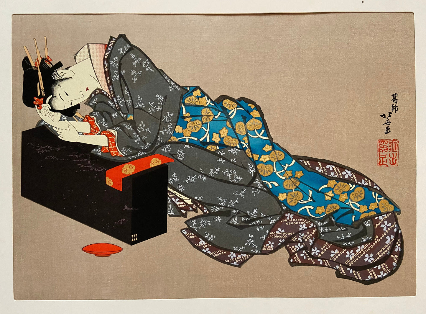Japanese Ukiyo-e, Woodcut print, Large size, Katsushika Hokusai, "A pensive looking tipsy bell"
