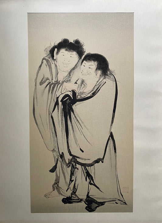 Japanese ink painting, woodcut print, Large size, Shokei, Kanzan and Jittoku
