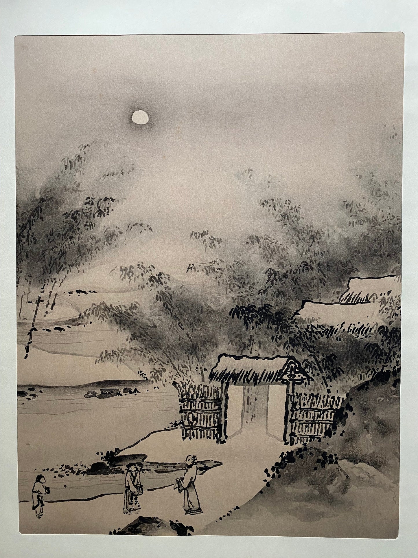 Japanese ink painting, woodcut print, Large size, Josetsu, Moon over a brush gate (Saimon-Shingetsu-zu).