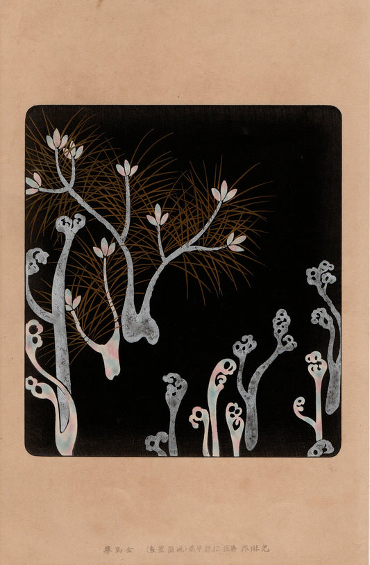 Japanese design, antique, woodcut print, 1930, Ogata Korin, "Album of Hundred Flowers by Artists of Rinpa School, Pine root, Sawarabi”