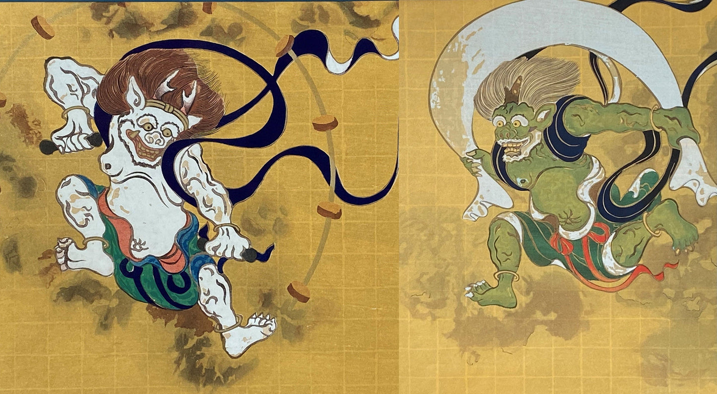 Japanese woodblock print, 1983, Large size,  Sotatsu TAWARAYA, "Wind and Thunder Gods".