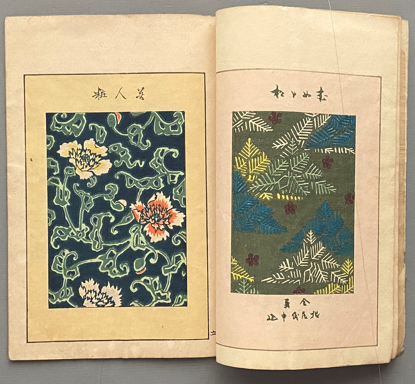 Japanese antique woodcut design book, 1901,  "Isho Sekai".