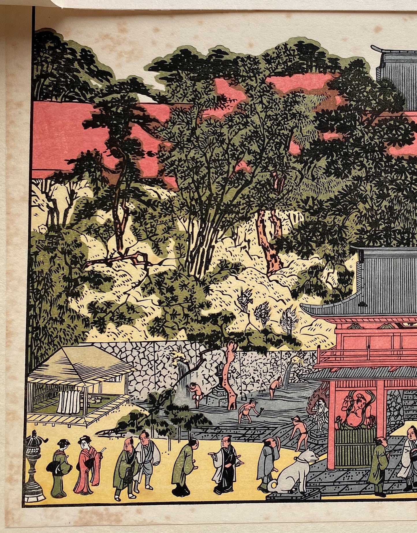Japanese Ukiyoe, woodcut print, Utagawa Toyokuni, "Sight at Meguro-san in Uki-e Style"
