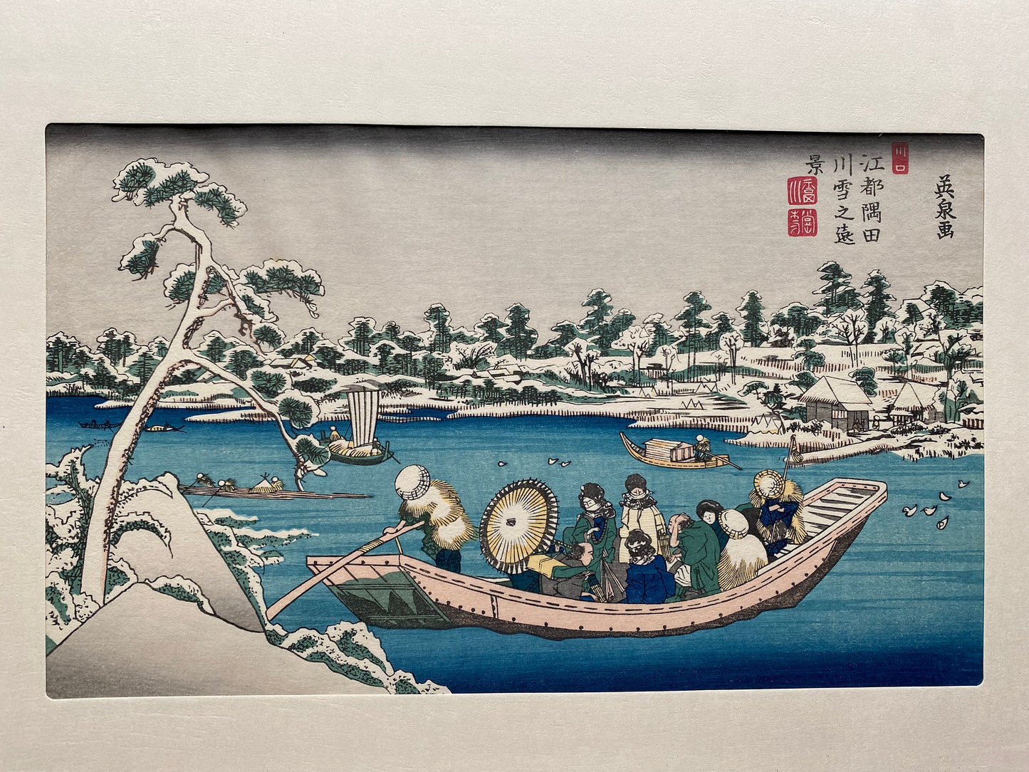 Japanese Ukiyoe, woodcut print, Eisen, "Snow sight of Sumida river in Edo"