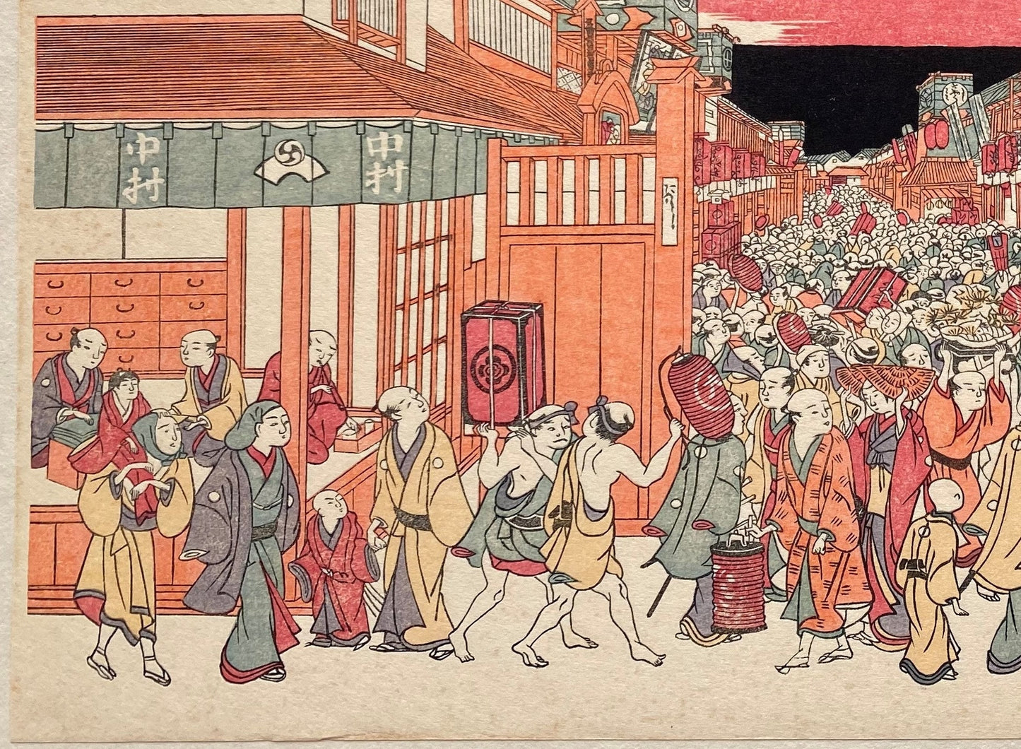Japanese Ukiyoe, woodcut print, Utagawa Toyoharu, "Night sight in the Kao-mise season at the Theater District of Sakai-cho and Fukiya-cho"