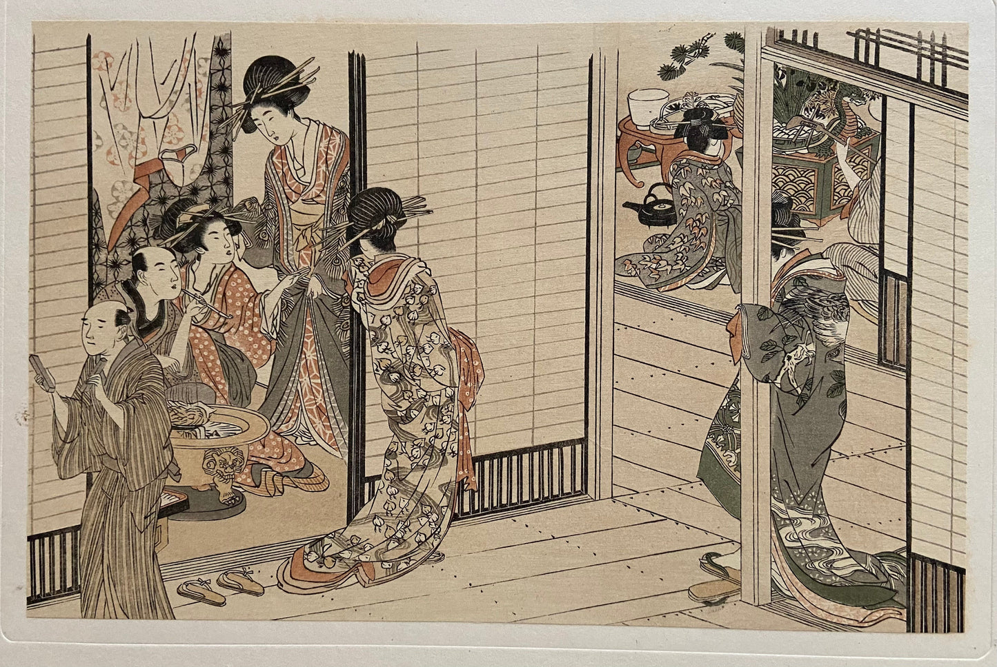 Japanese antique Ukiyoe, woodcut print, 1906, Kitagawa Utamaro, "Party for the Intimate Customer", from Ukiyoe-ha-gashu.