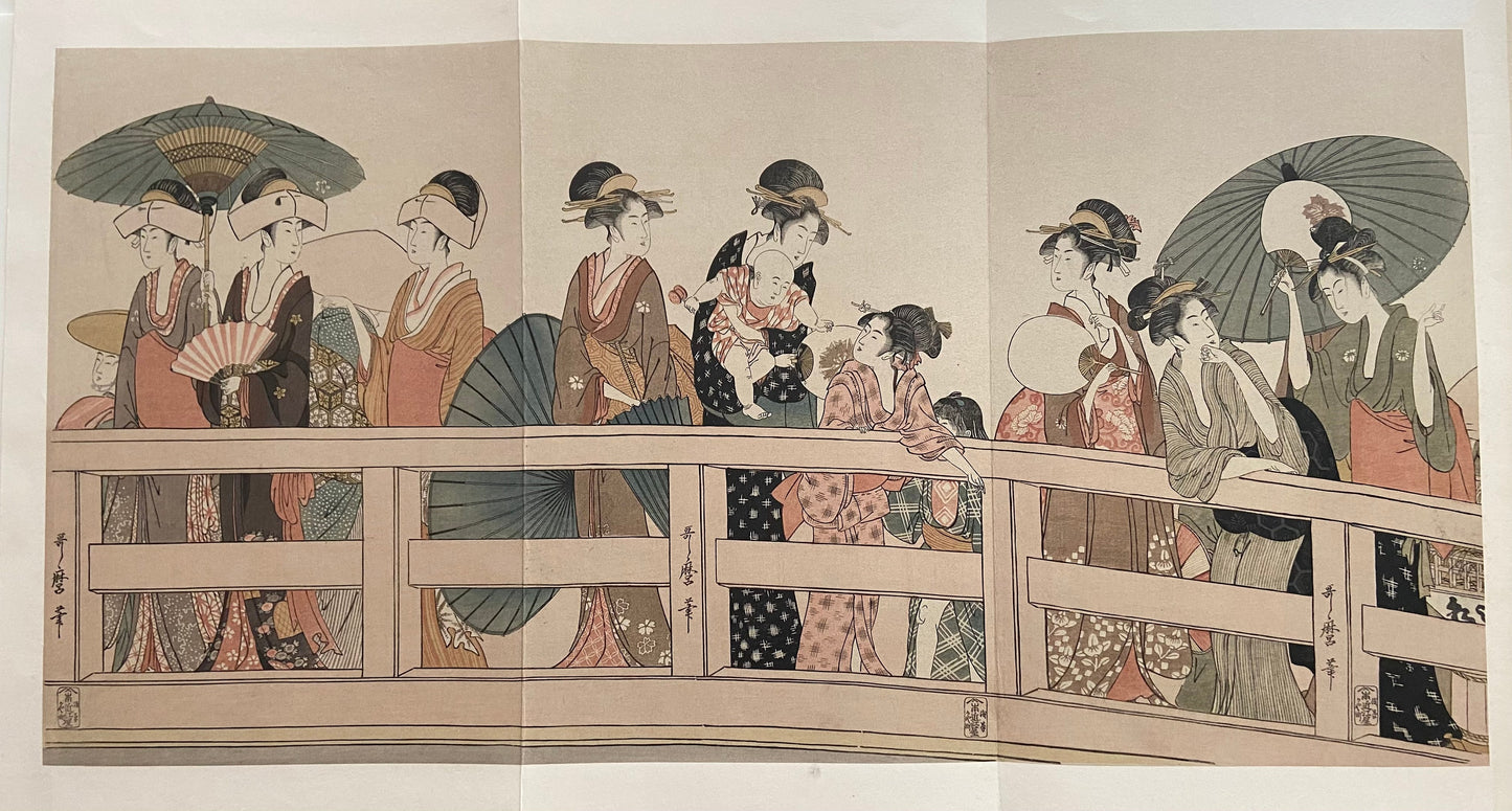Ukiyoe-ha-gashu, 1906, Japanese antique woodblock print, Kitagawa Utamaro, "On Top of and beneath Ryôgoku Bridge"