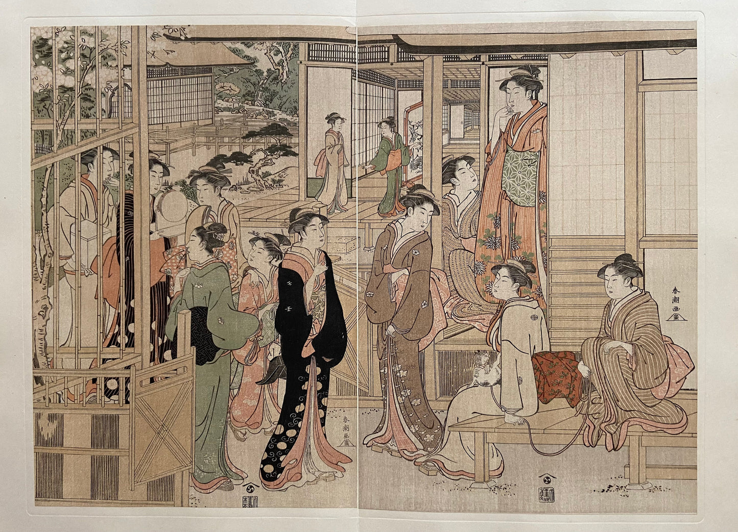Ukiyoe-ha-gashu,  1906, Japanese antique woodblock print,Katsukawa Shuncho, "Parody of the Wakana no Jô Chapter of the Tale of Genji"