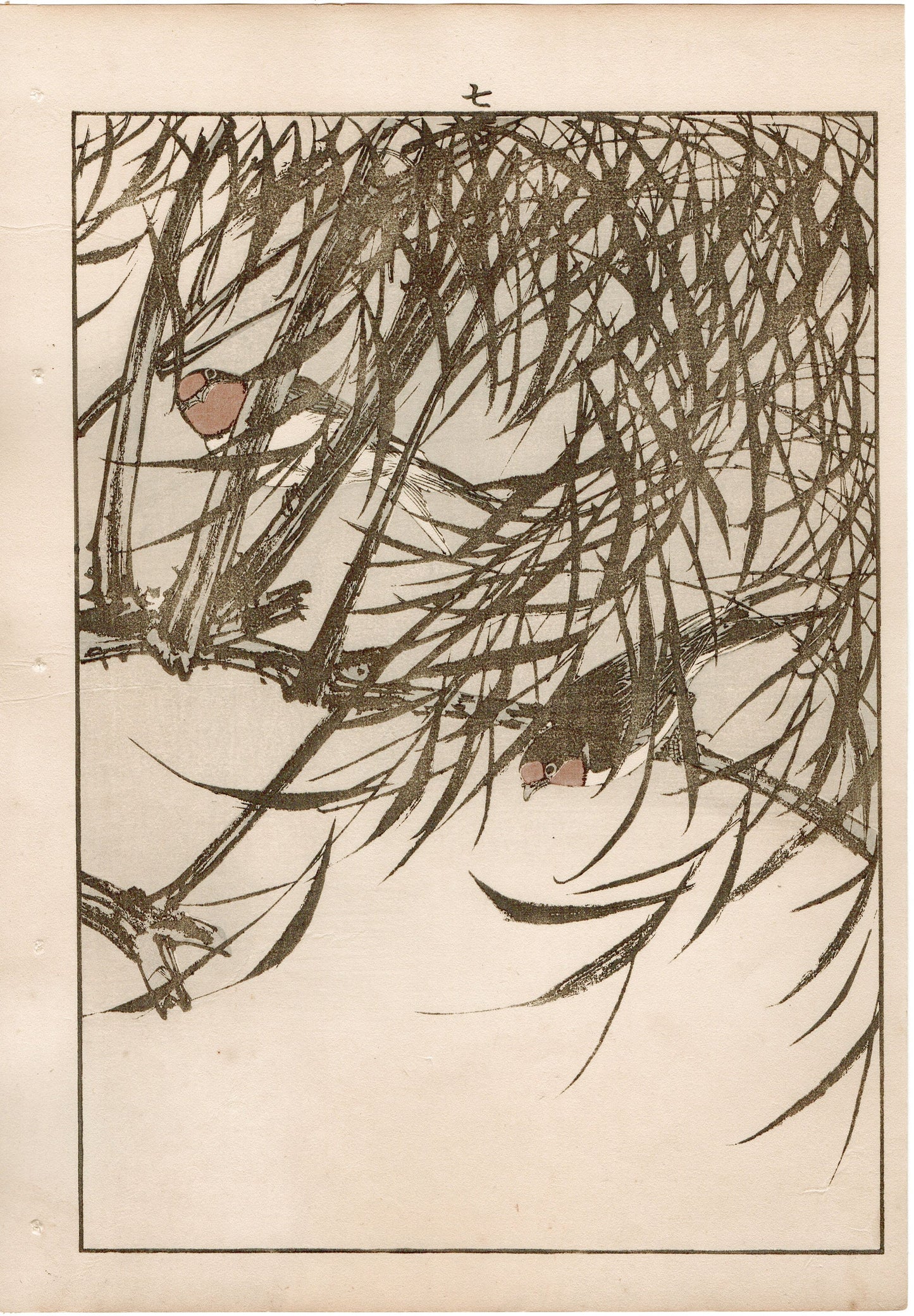Japanese Antique Original Woodcut Print, 1892, Imao Keinen, "Willow, Swallow "