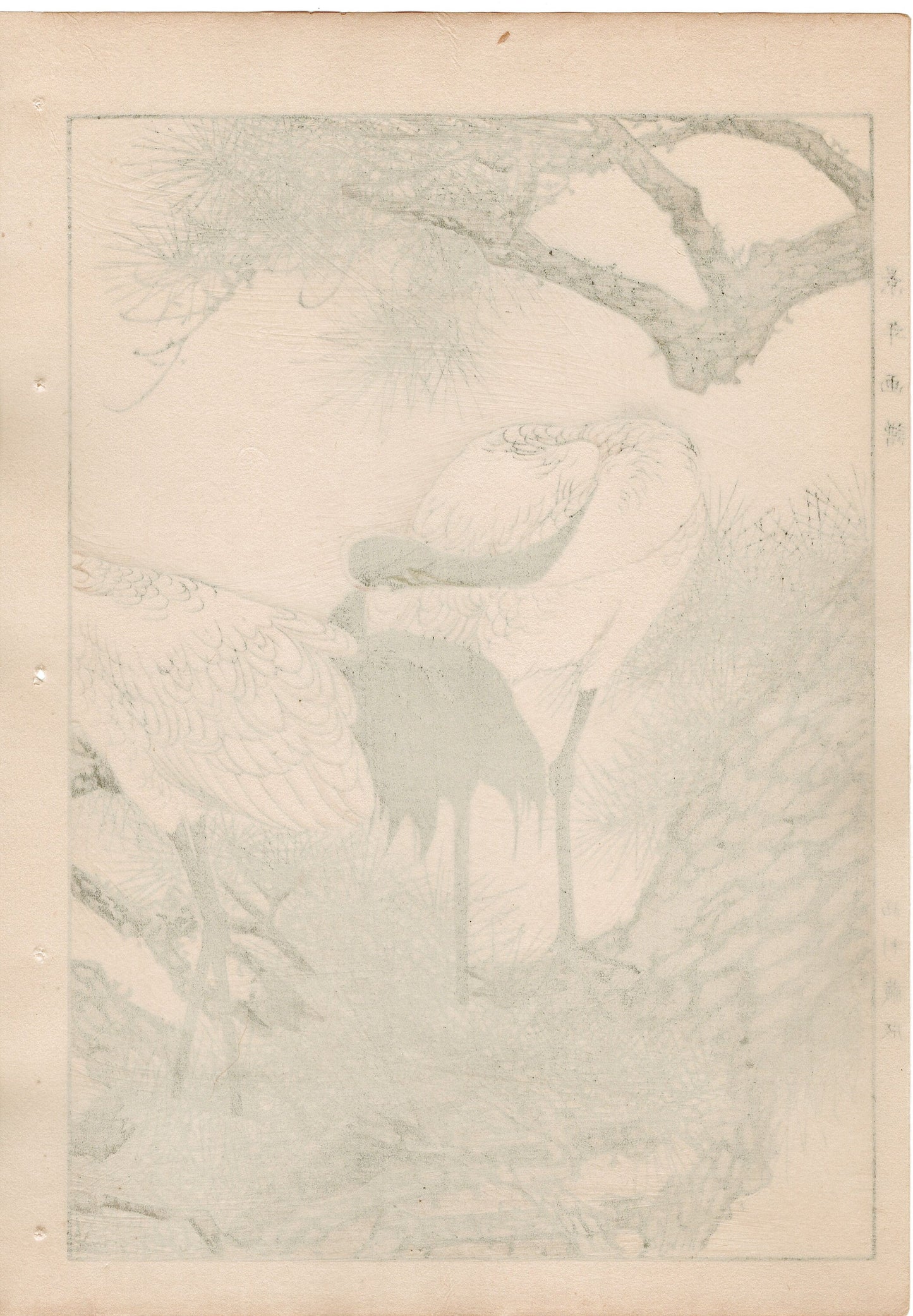 Japanese Antique Original Woodcut Print, 1892, Imao Keinen, "Old pine tree, Japanese crane"