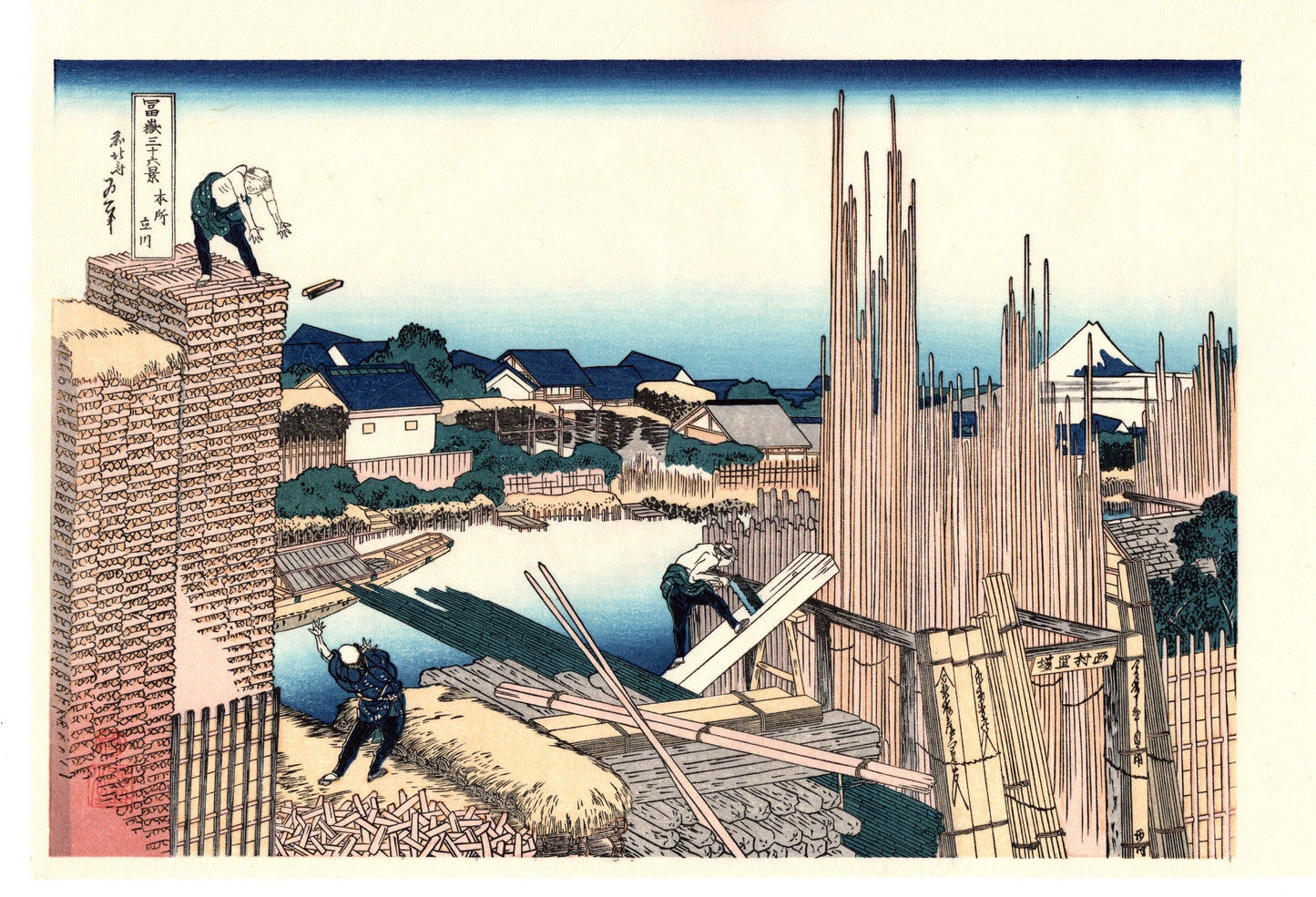 Japanese Ukiyo-e, Woodcut print, Hokusai, "Honjo Tatekawa, the timberyard at Honjo, Sumida"