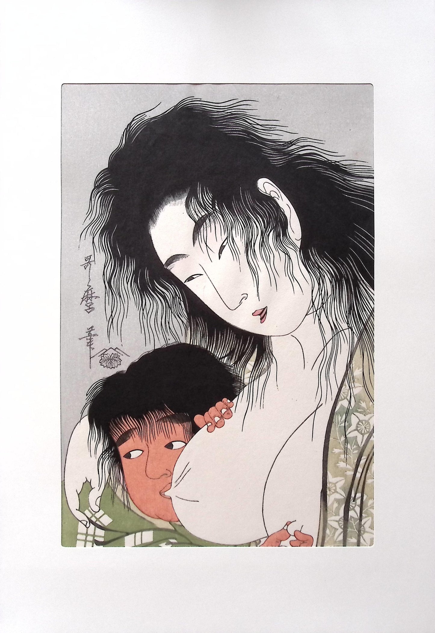 Japanese Ukiyoe, woodcut print, Utamaro, "Kintaro & the Mountain Witch"