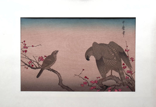 Japanese Ukiyoe, woodcut print, Utamaro , "Falcon and Shrike"