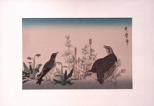 Japanese woodblock print, Utamaro, "Quail  and Skylark"
