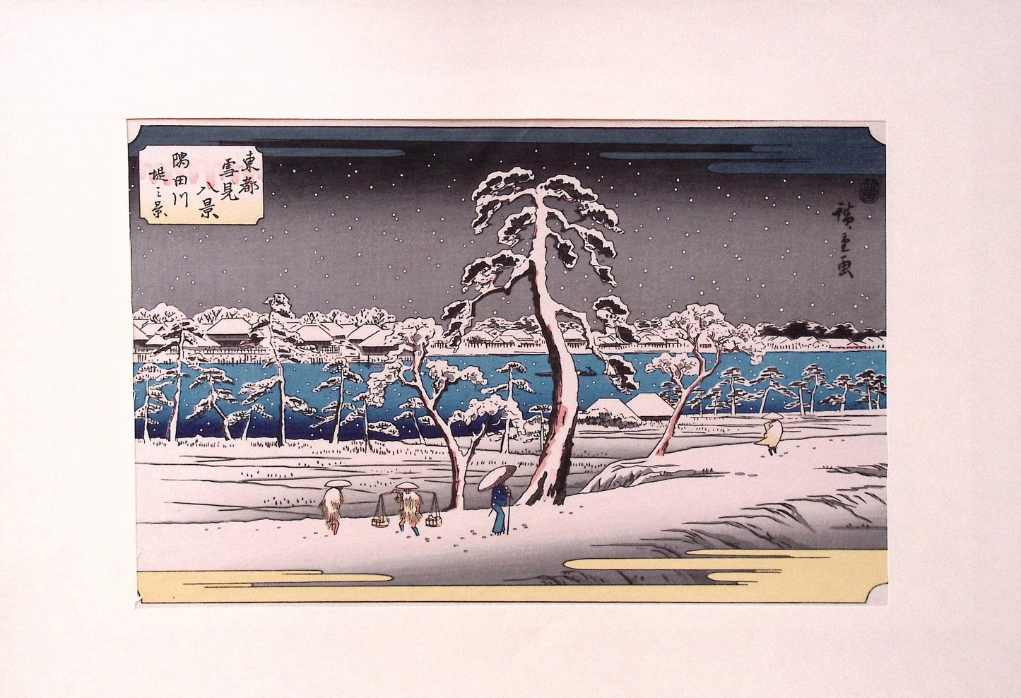 Japanese Ukiyoe, woodcut print, Hiroshige, "View From the Sumida River Embankment"