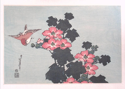 Japanese Ukiyo-e, Woodcut print, Katsushika Hokusai, "Hibiscus and Sparrow"