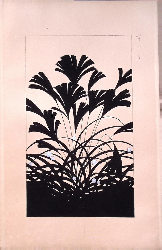Japanese design, antique, woodcut print, 1932, Kawarazaki Kodo, " Japanese pampas grass"