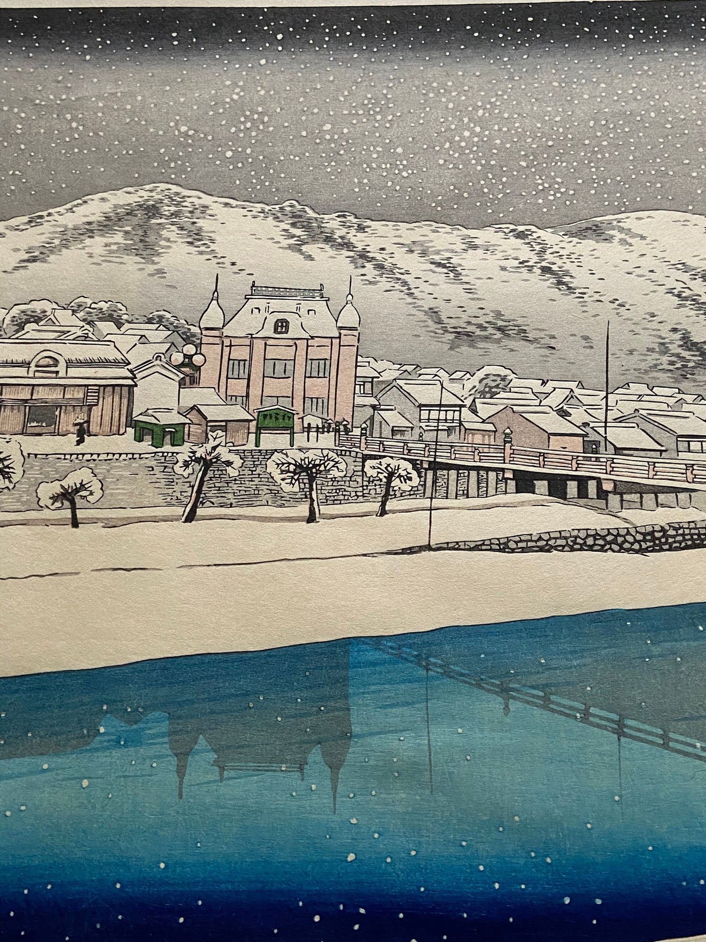 Japanese Ukiyoe, Shin-hanga, Woodblock print, antique, Hashiguchi Goyo, "Sanjo Bridge, Kyoto"