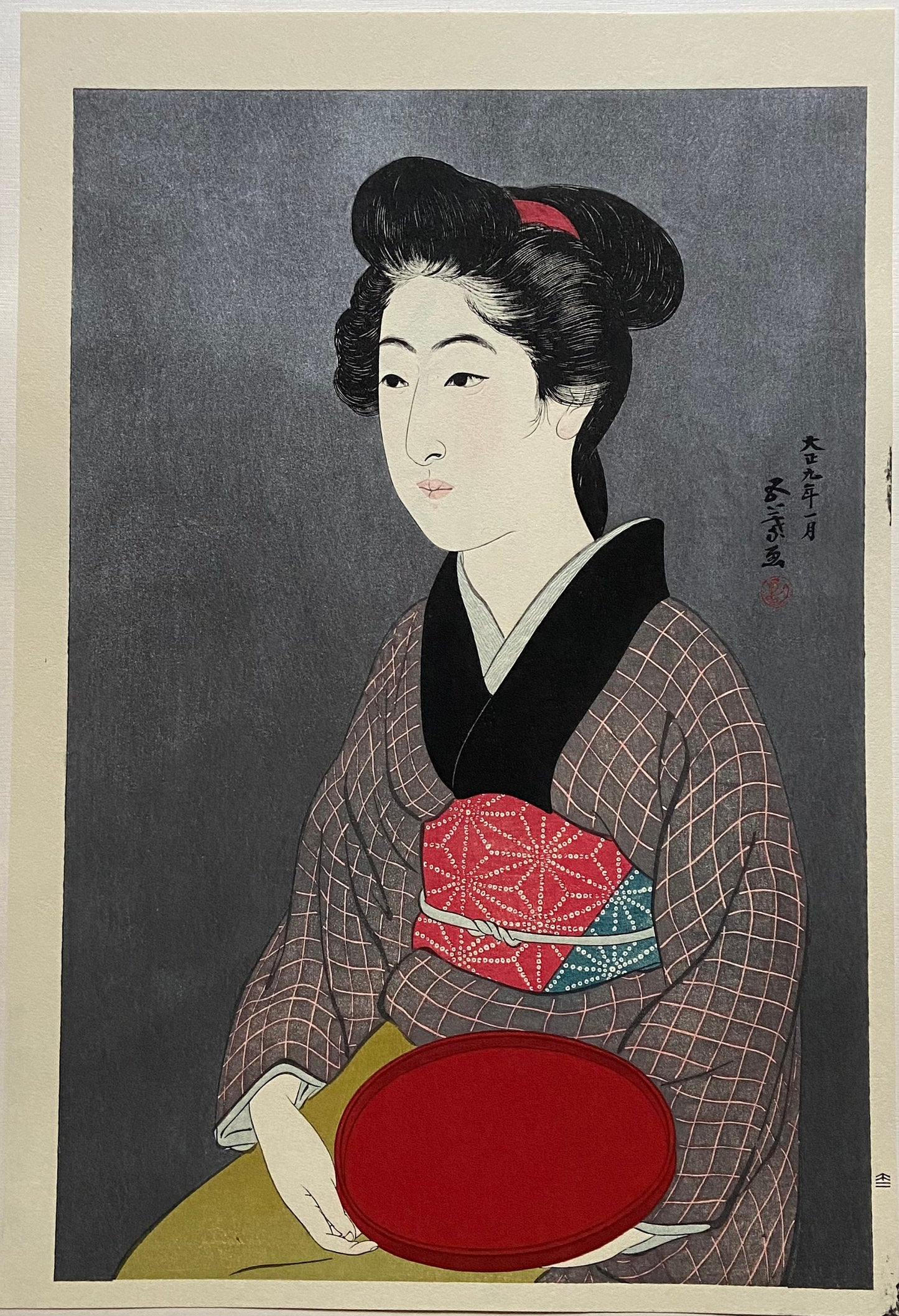 Japanese Ukiyoe, Shin-Hanga, Woodblock print, Hashiguchi Goyo, "Waitress with a Red Tray"