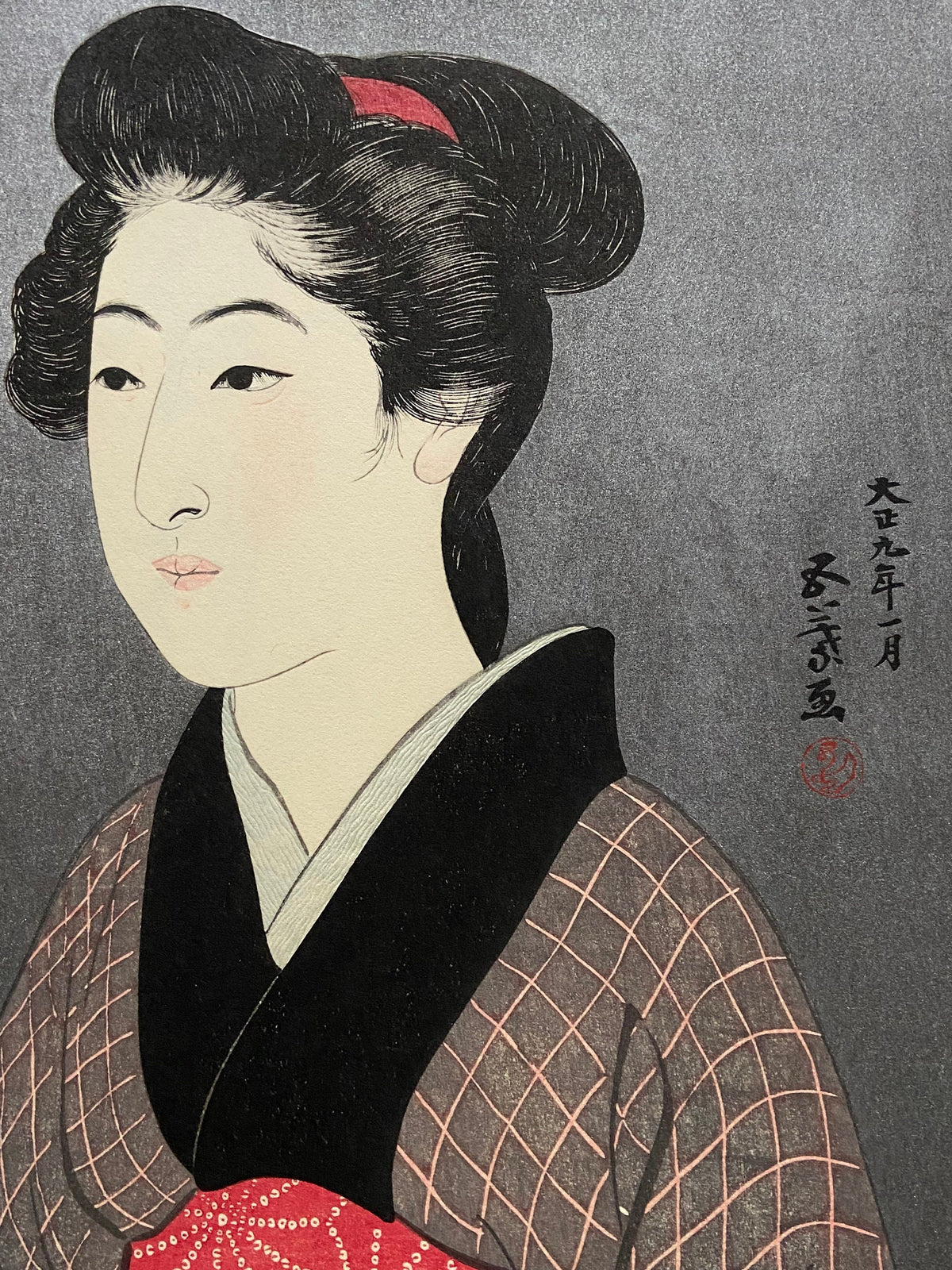 Japanese Ukiyoe, Shin-Hanga, Woodblock print, Hashiguchi Goyo, "Waitress with a Red Tray"