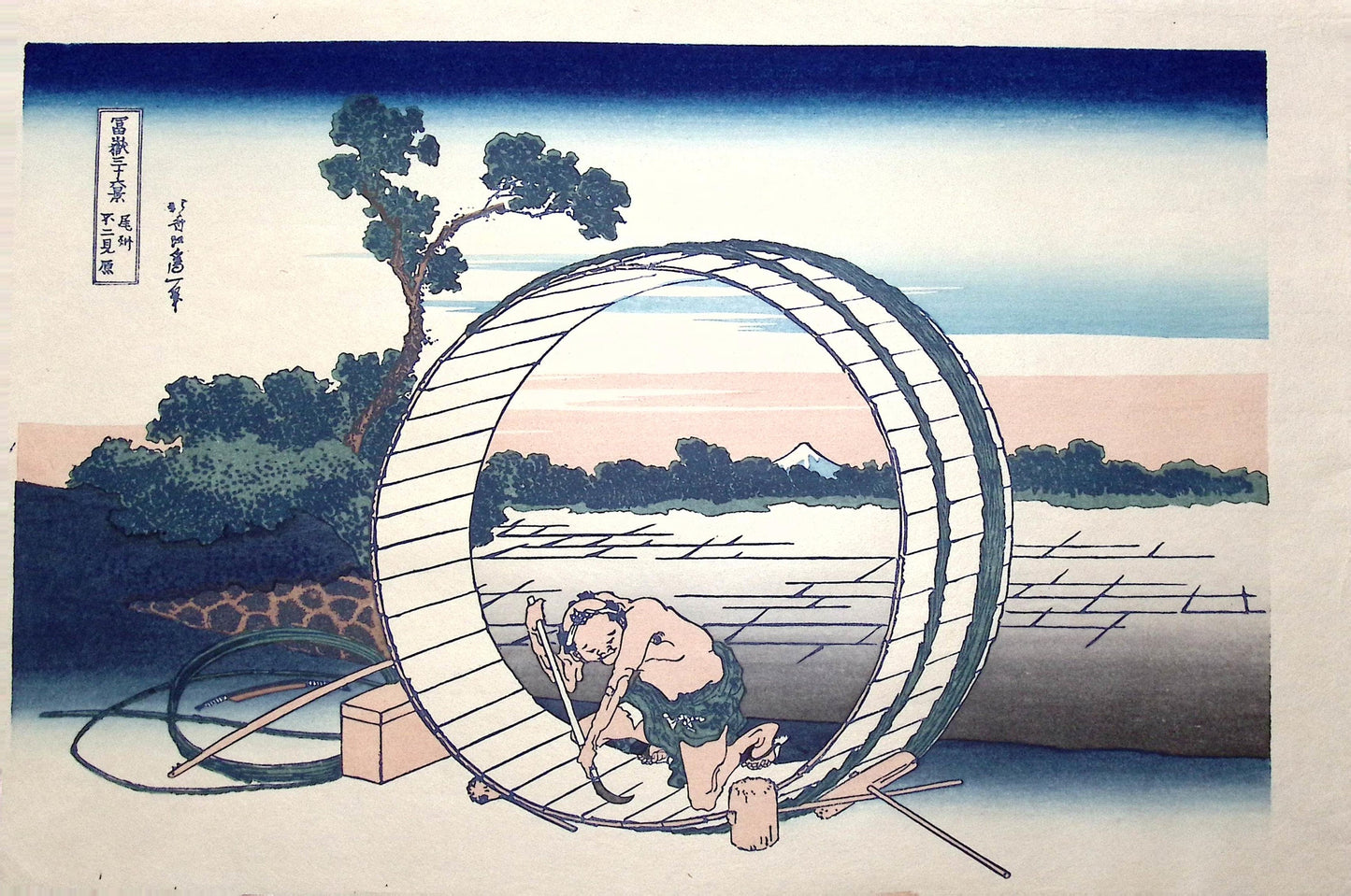 Japanese Ukiyo-e, Woodcut print, Hokusai, "Fuji View Field in Owari Province"