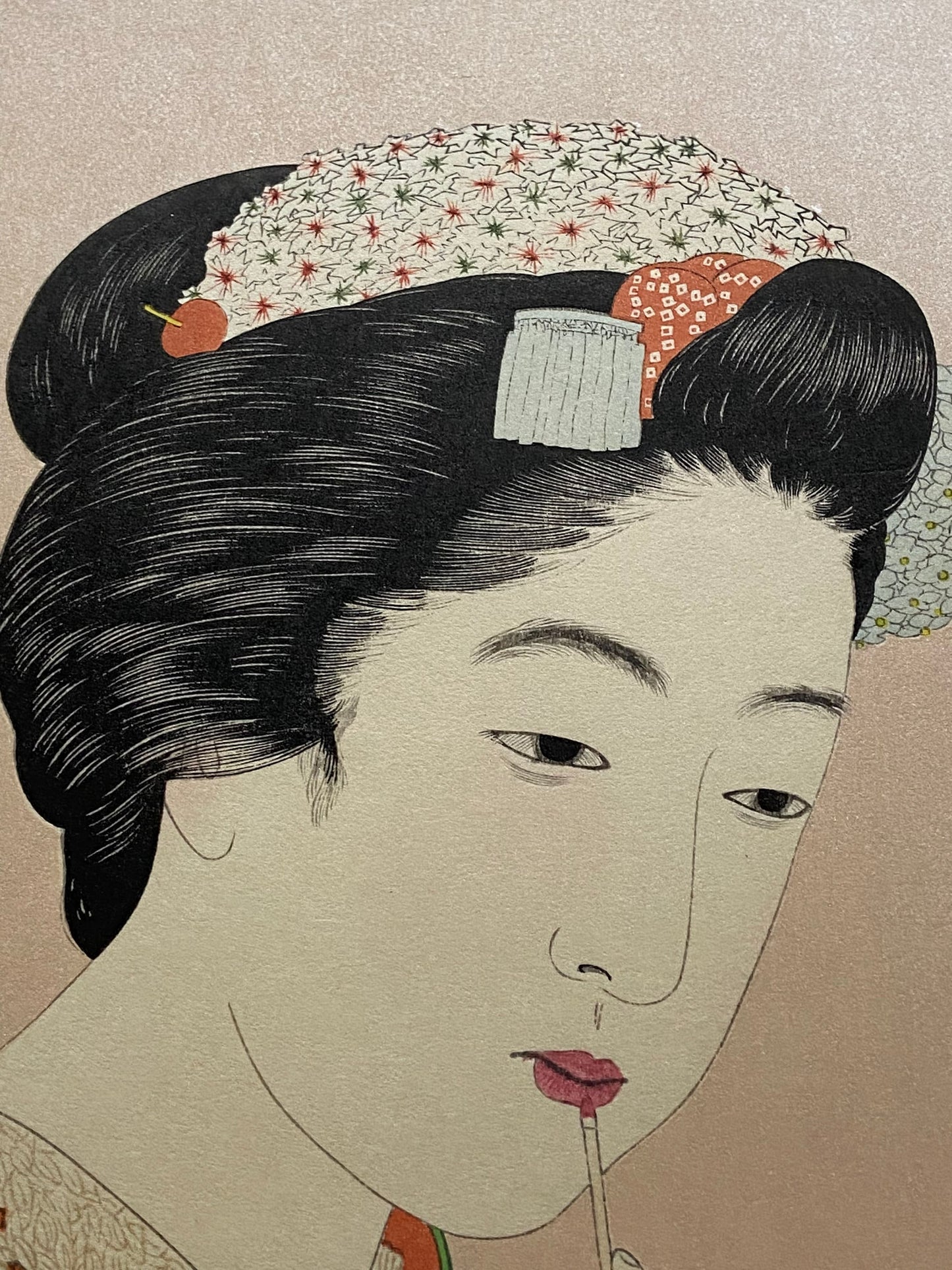 Japanese Ukiyoe, Shin-hanga, Woodblock print, antique, Hashiguchi Goyo, "Girl with Lipstick"