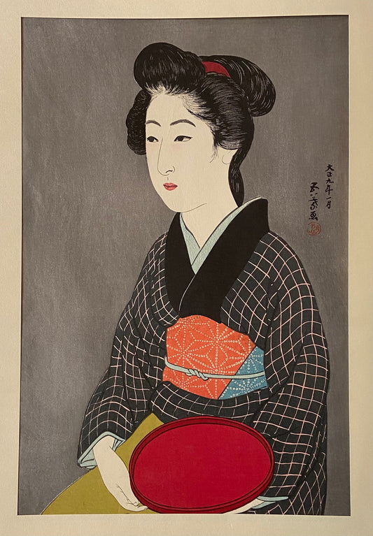 Japanese Ukiyoe, Shin-Hanga, Woodblock print, Hashiguchi Goyo, "Woman Holding a Tray"