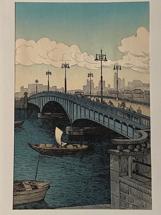 Japanese Ukiyoe, Shin-Hanga, Woodblock print, Noel Nouet, "Ryogoku Bridge".