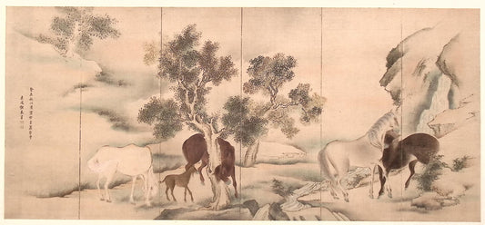 1909, Japanese antique woodblock print, Yosa Buson, "Wild Horses".