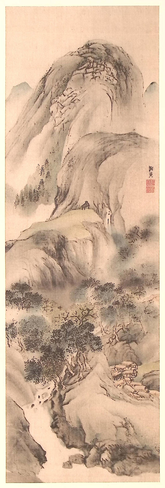 1909, Japanese antique woodblock print, Yosa Buson, "春景山水図".