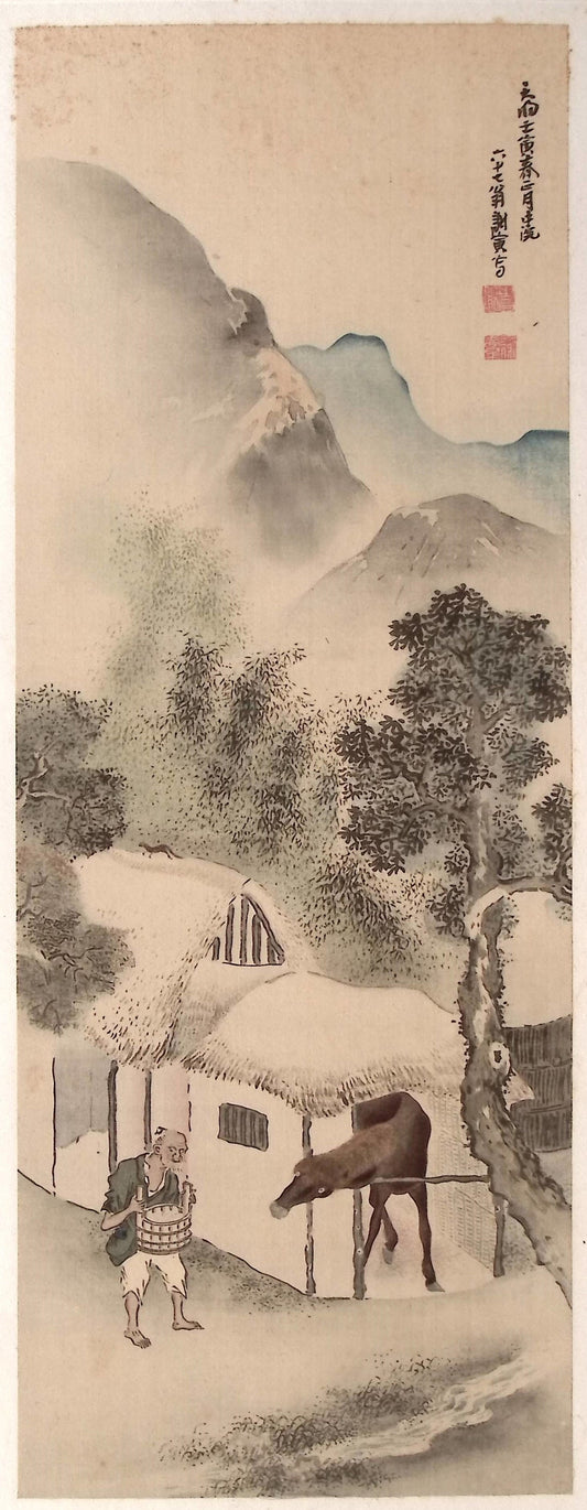 1914, Japanese antique woodblock print, Yosa Buson, "農家飼馬図".