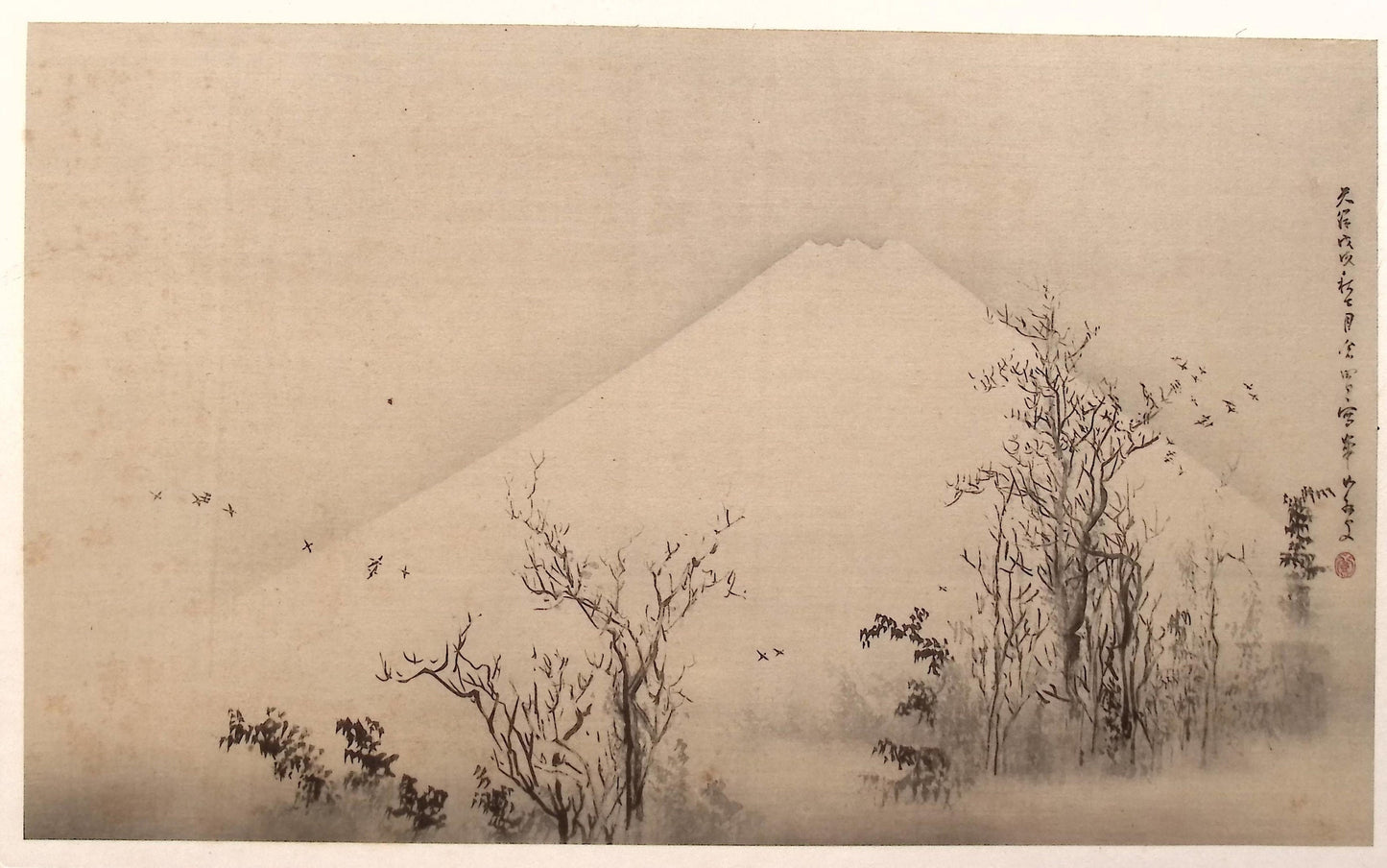 1914, Japanese antique woodblock print, Watanabe Kazan, "寒林富岳図".