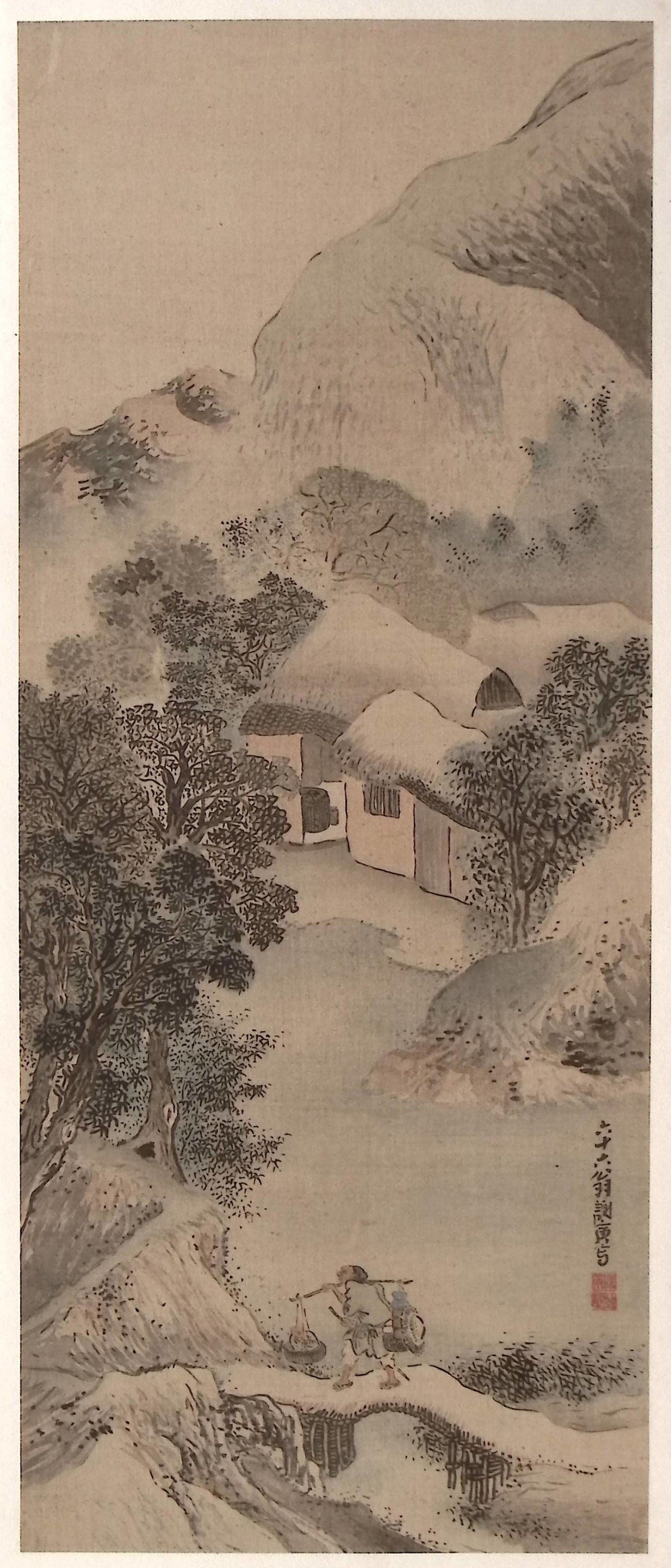 1914, Japanese antique woodblock print, Yosa Buson, "渓村晩露、秋林伐木図双福".