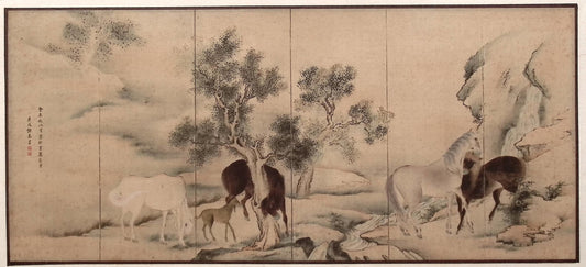 1914, Japanese antique woodblock print, Yosa Buson, "Wild Horses".
