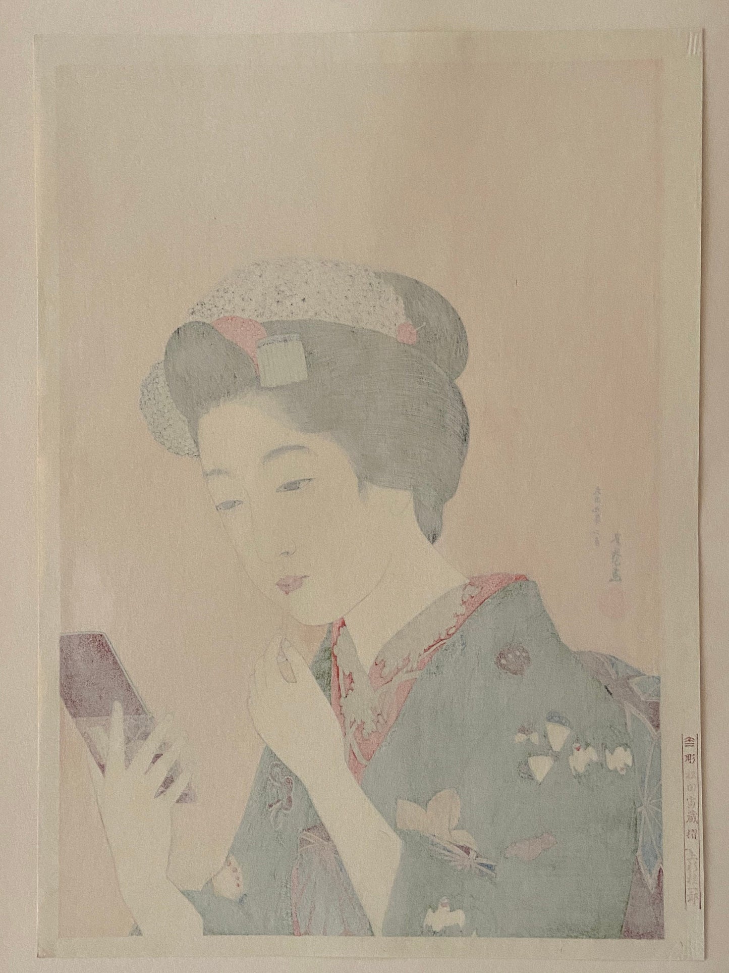 Japanese Ukiyoe, Shin-hanga, Woodblock print, antique, Hashiguchi Goyo, "Girl with Lipstick"