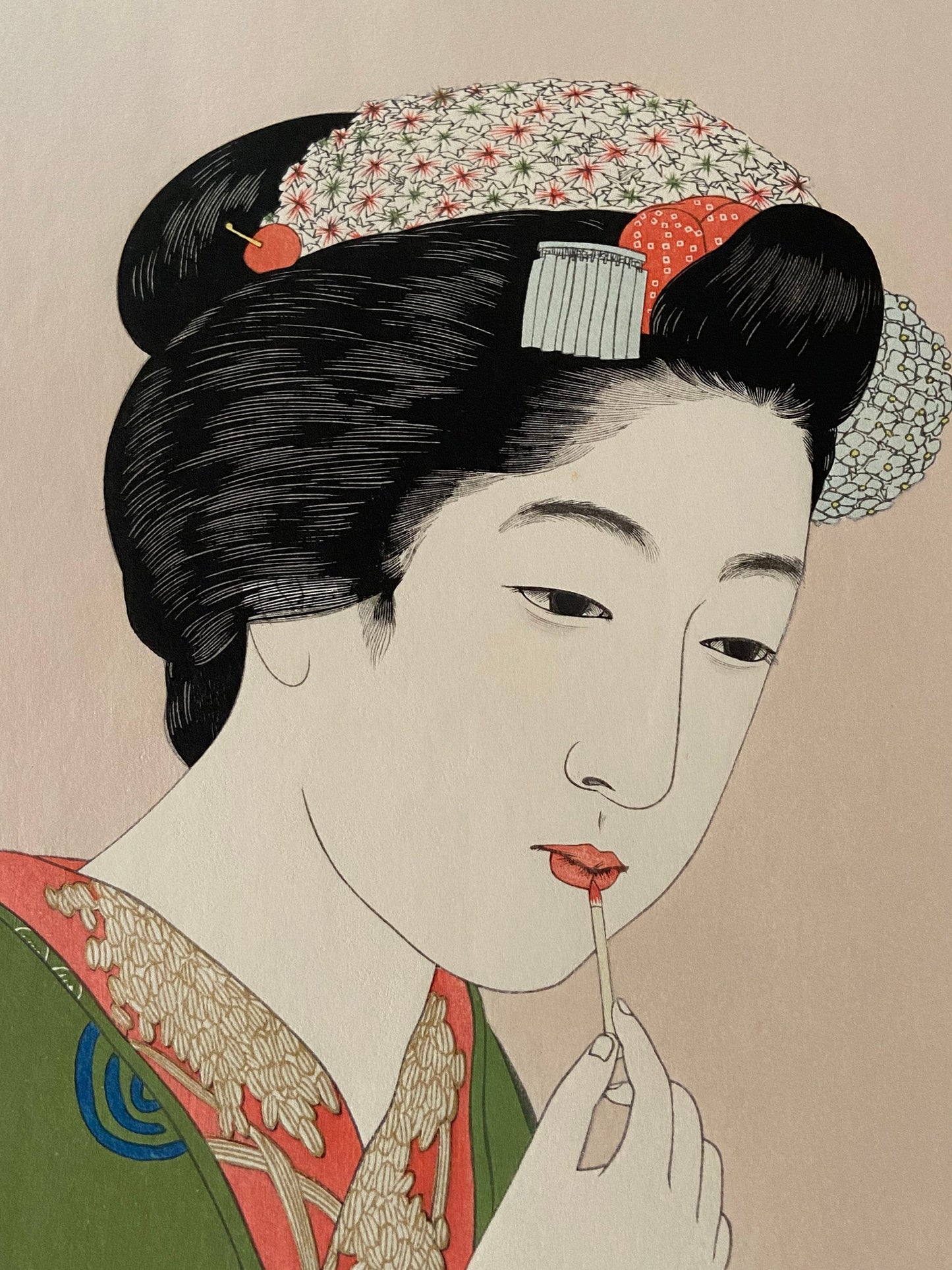 Japanese Ukiyoe, Shin-hanga, Woodblock print, antique, Hashiguchi Goyo, "Girl with Lipstick"