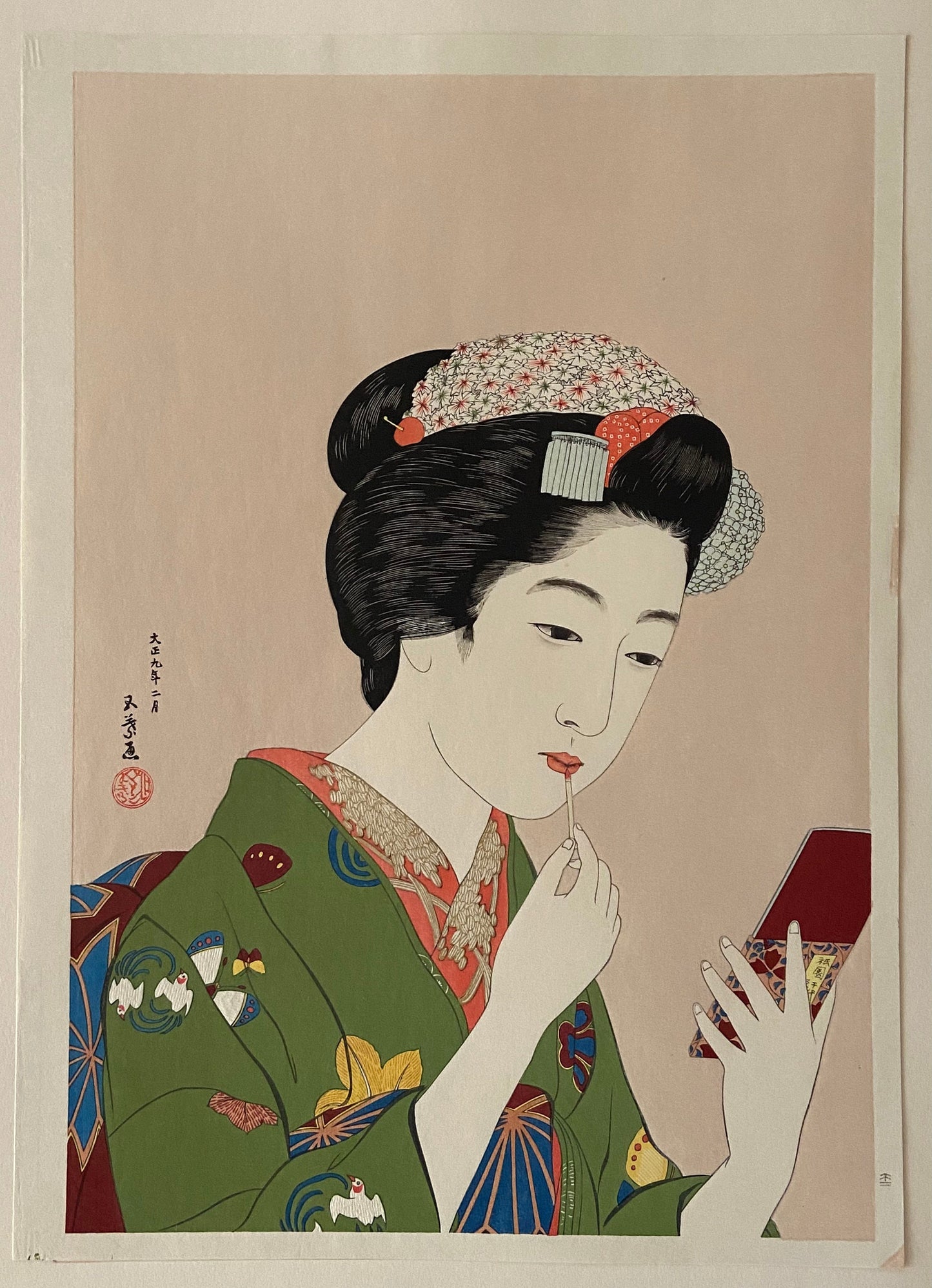 Japanese Ukiyoe, Shin-hanga, Woodblock print, antique, Hashiguchi Goyo, "Girl with Lipstick"