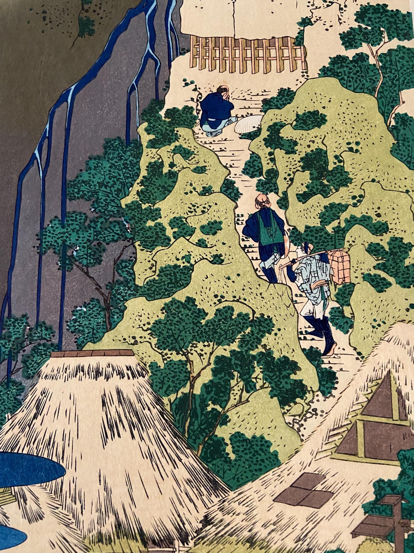 Japanese Ukiyo-e, Woodcut print, Katsushika Hokusai, "The Kannon of the Pure Waterfall at Sakanoshita on the Tôkaidô Road"