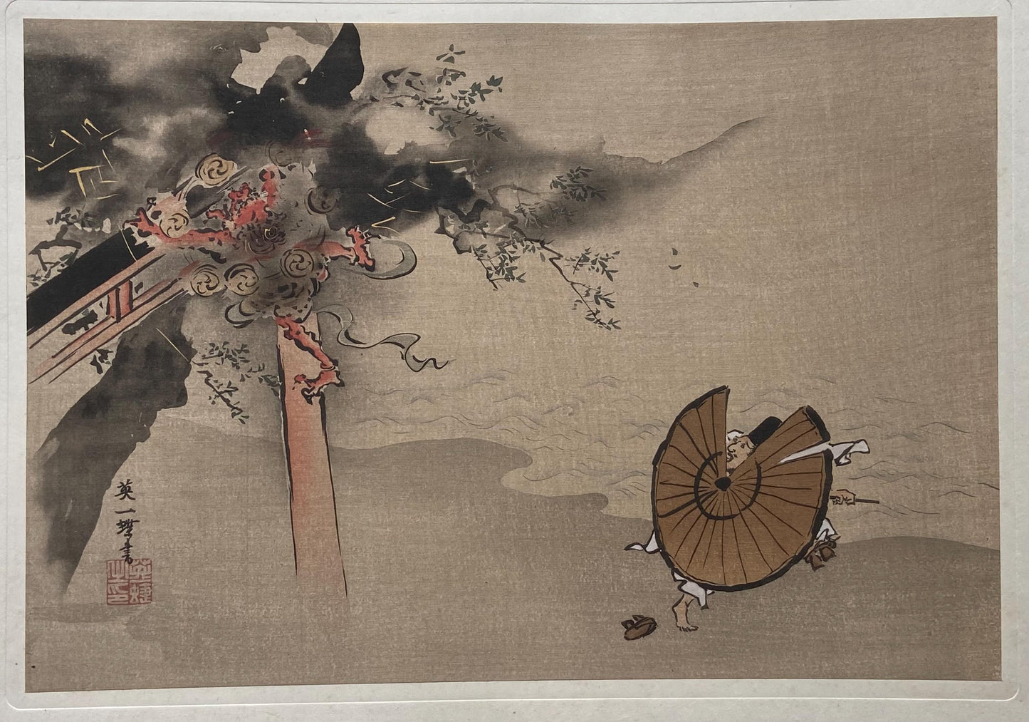1906, Japanese antique woodblock print, Hanabusa Itcho, "The Falling Thunder God"